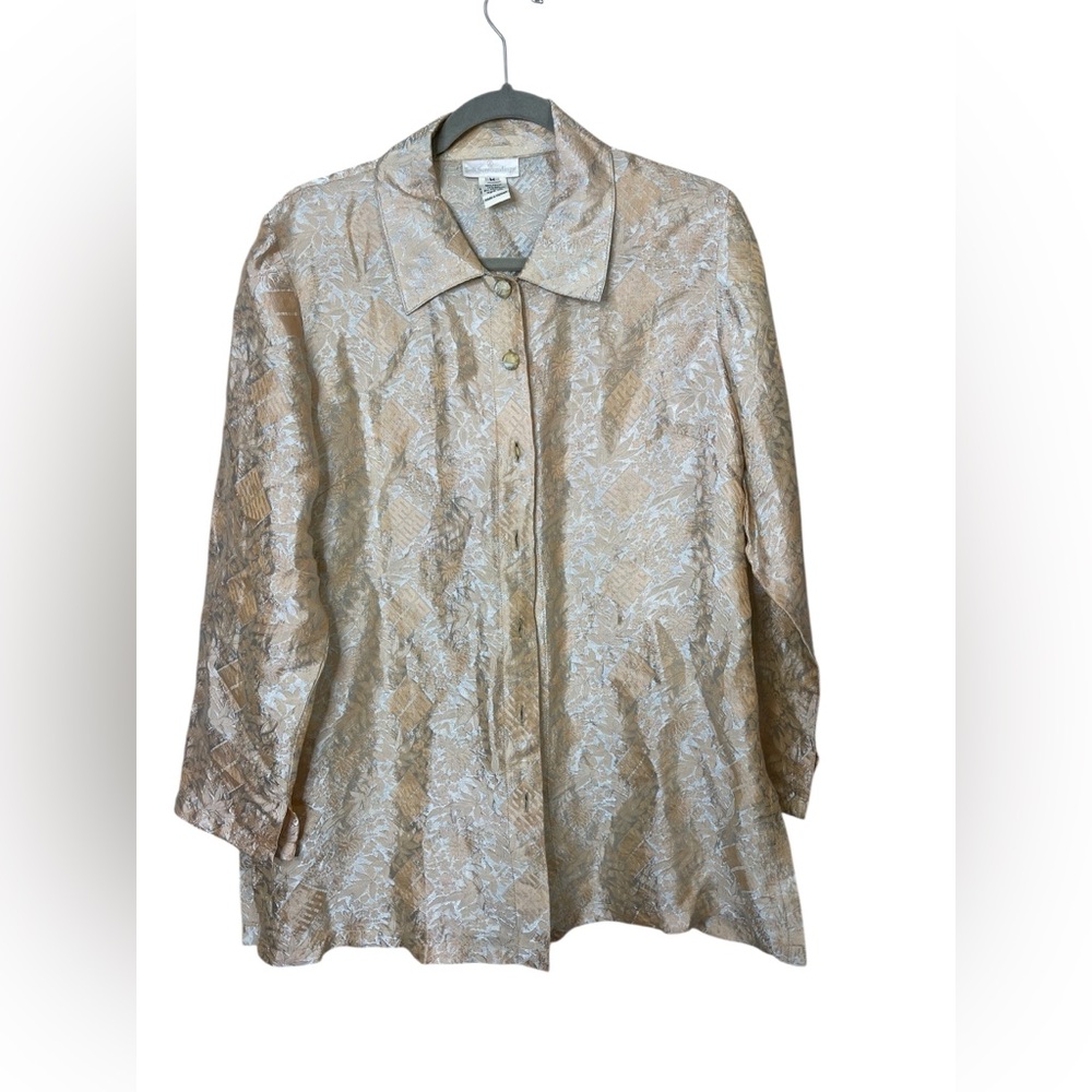Soft surroundings Silk metallic Asian Calligraphy Button Down Tunic M Fortune